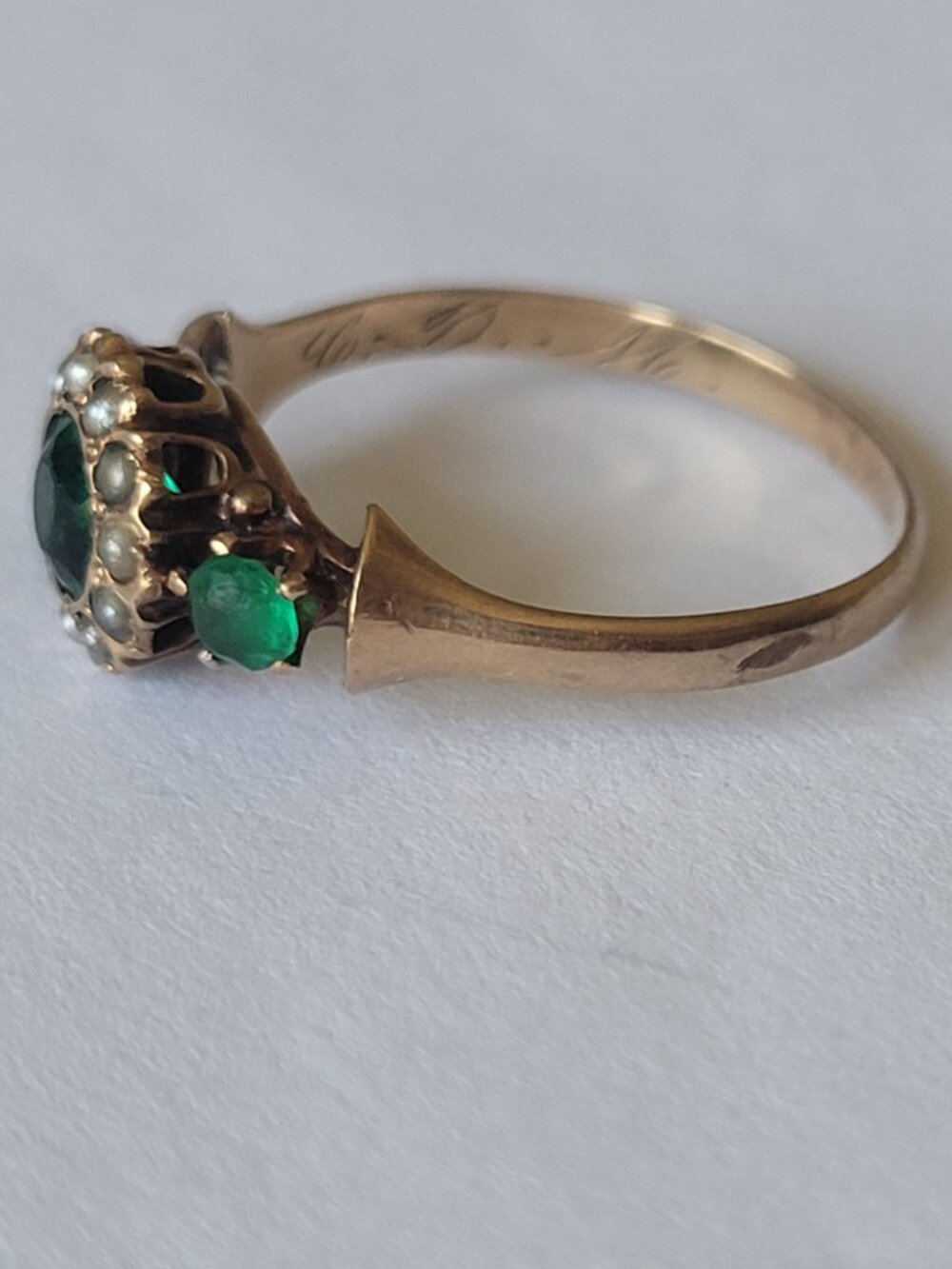 Antique Emerald Green Stones Pearls 10k Gold Victorian Ring May June Birthstones - Picture 6 of 16